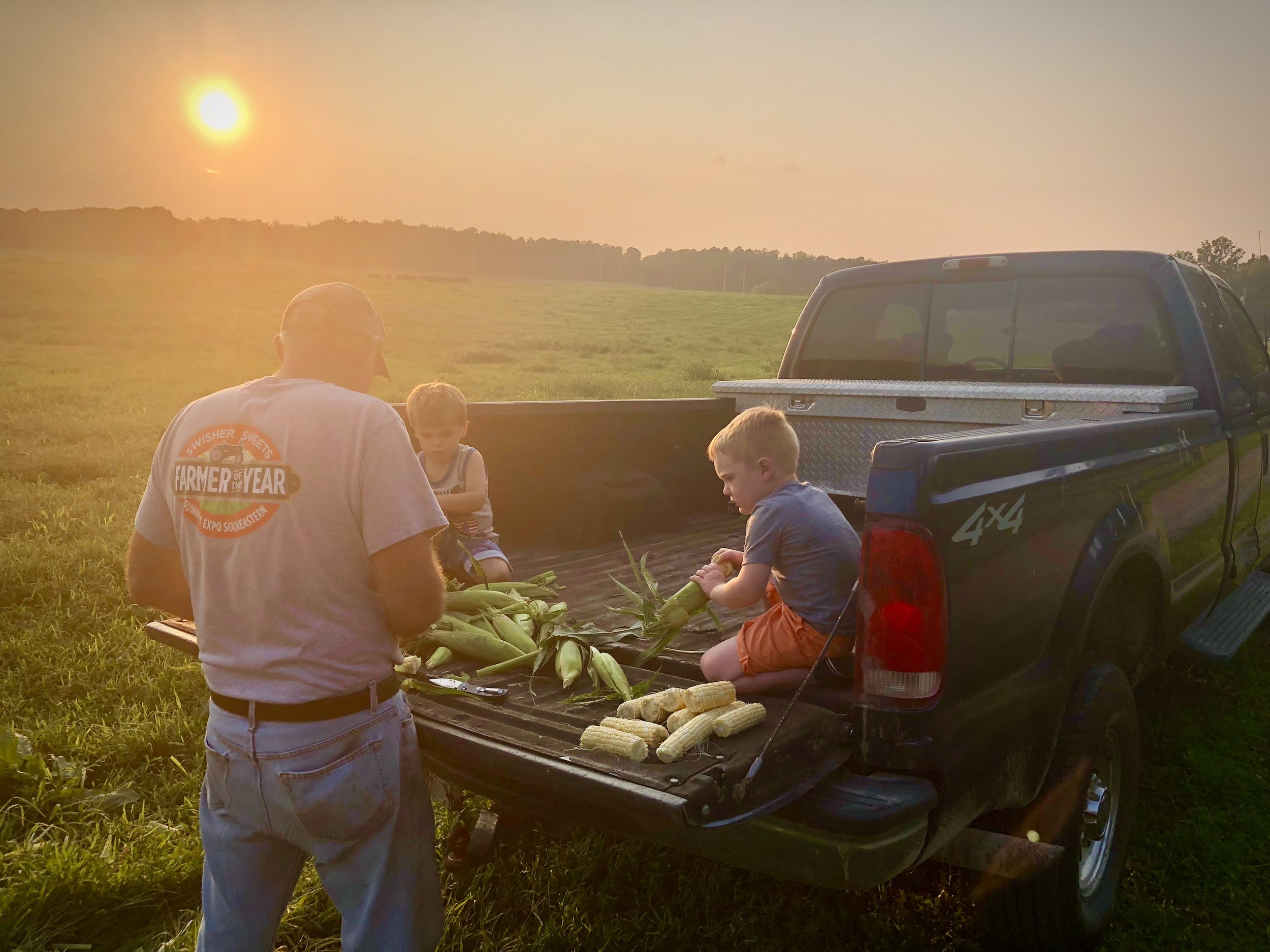 Grandfather and two young boys shelling corn in the bed of a pickup truck during sunset, surrounded by a lush green field. The scene captures a moment of family bonding and agricultural tradition.